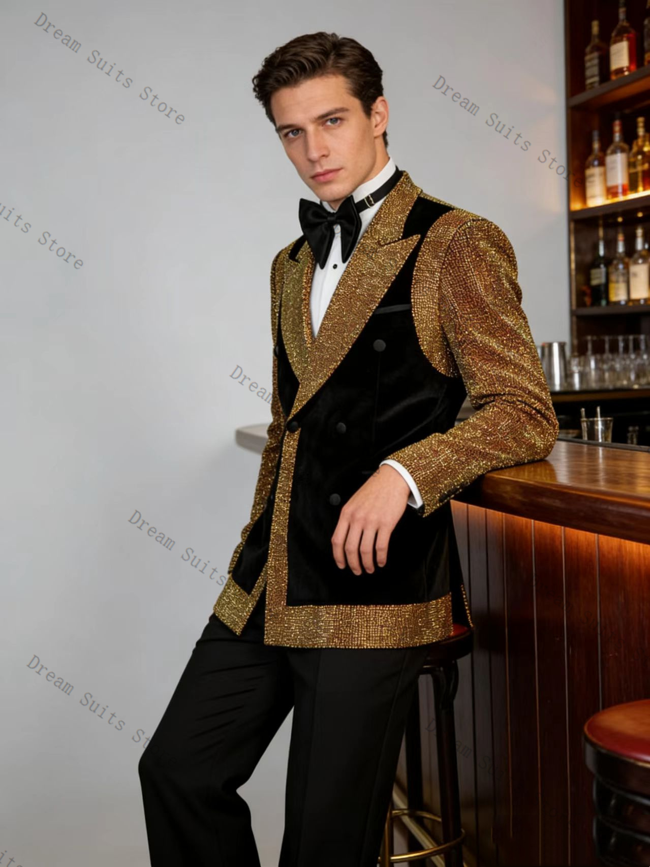 Formal Wear For Men Black Suit - Golden Crystals Men Suit Set 2