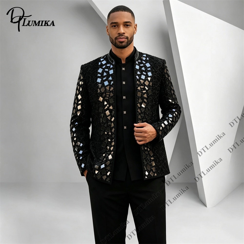 Men Black Mandarin Collar Suit - огляд і ціна Formal Wear For Men Black Suit