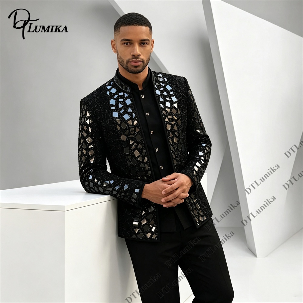Men Black Mandarin Collar Suit - огляд і ціна Formal Wear For Men Black Suit