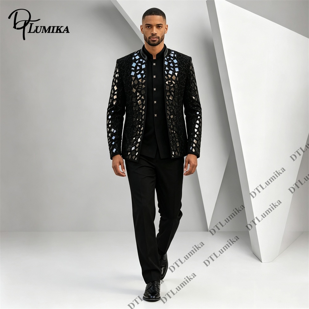 Men Black Mandarin Collar Suit - огляд і ціна Formal Wear For Men Black Suit