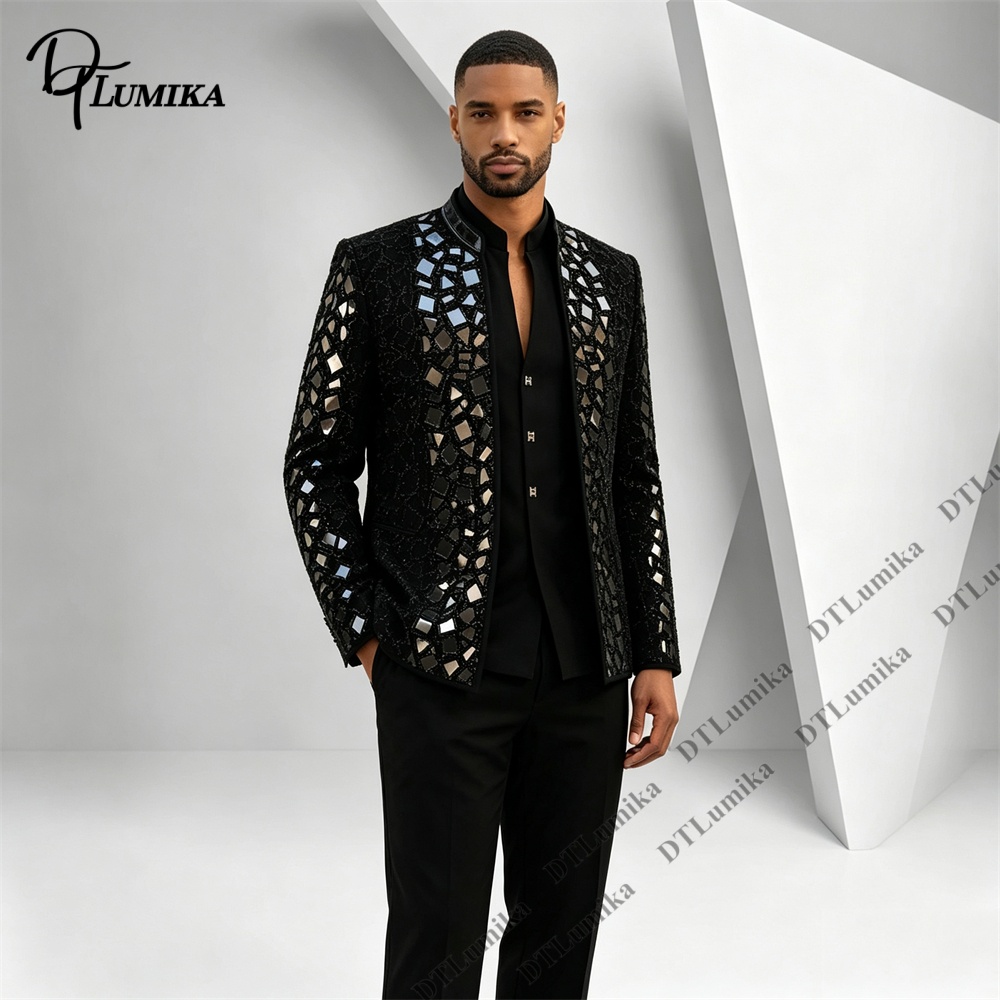Men Black Mandarin Collar Suit - огляд і ціна Formal Wear For Men Black Suit