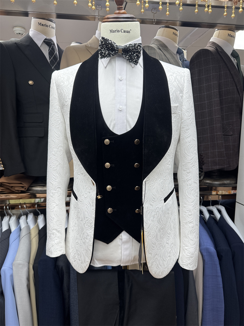 3 Pcs Floral Groom Tuxedo for  - огляд і ціна Formal Wear For Men Black Suit